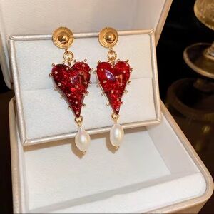 Red Heart Drop Earrings with Pearls